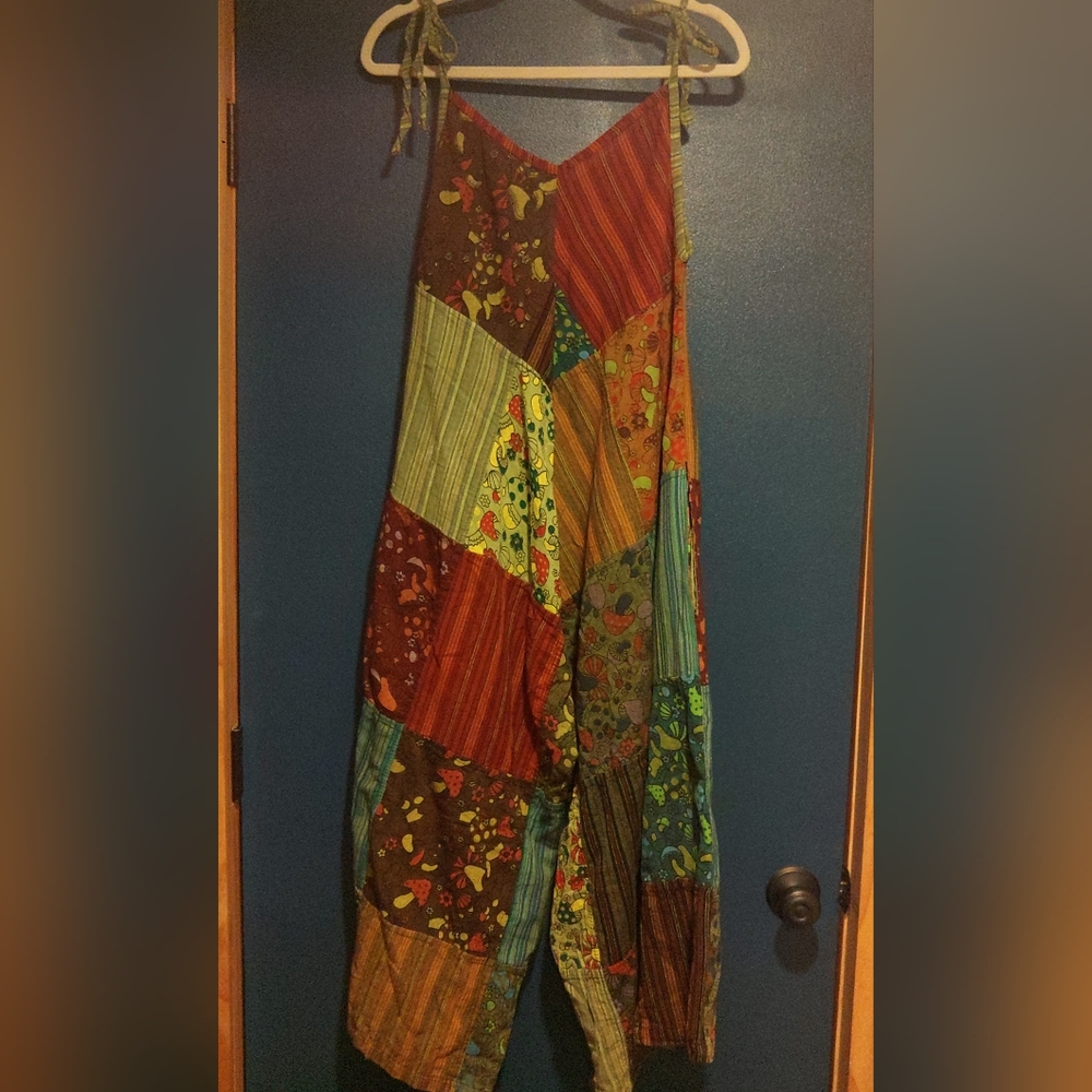 Mushroom Print Patchwork Tie Bow Straps Jumpsuit … - image 1